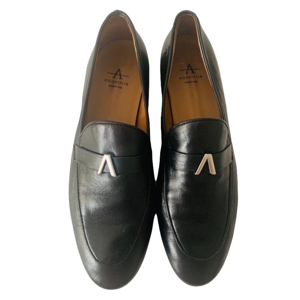 Aquatalia Carson Black Leather Loafers Women Sz 8 Preppy Academia Office Italy